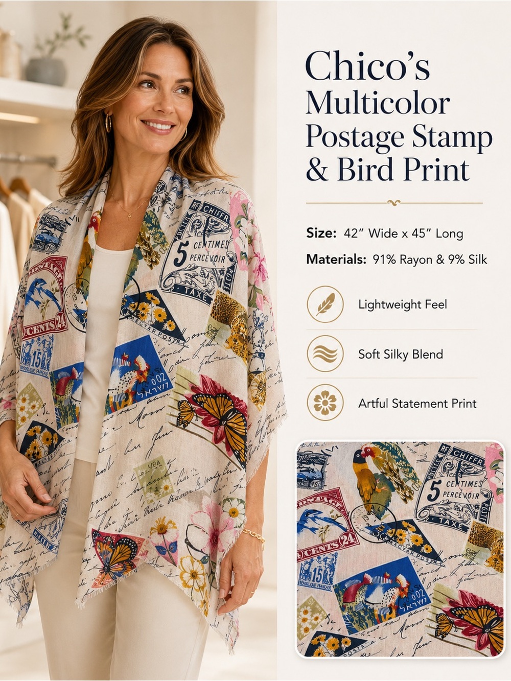 Chico's Multicolor Postage Stamp & Bird Print Scarf
